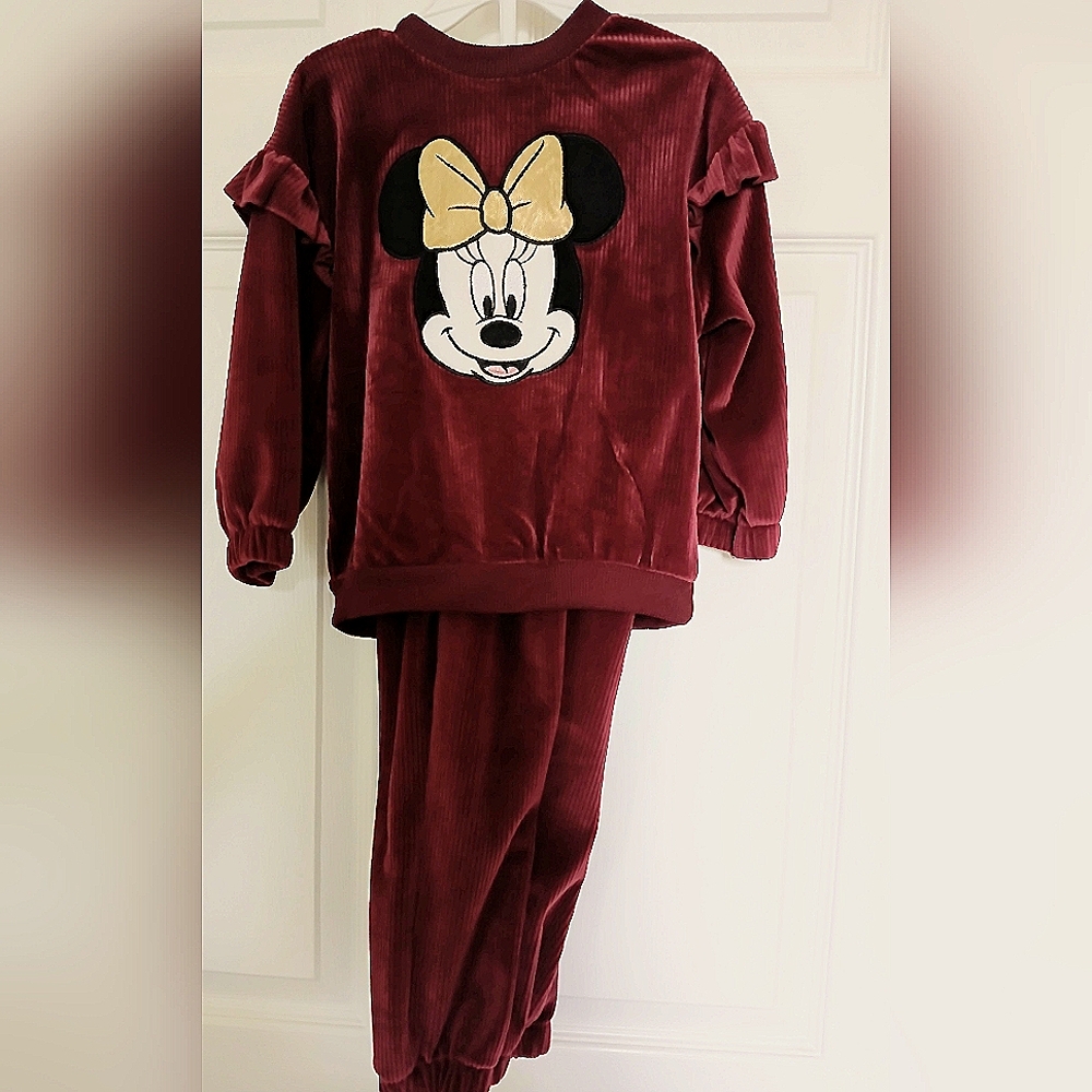 Disney Minnie Mouse Kids Two Piece Velour Set Burgundy & Gold NWOT